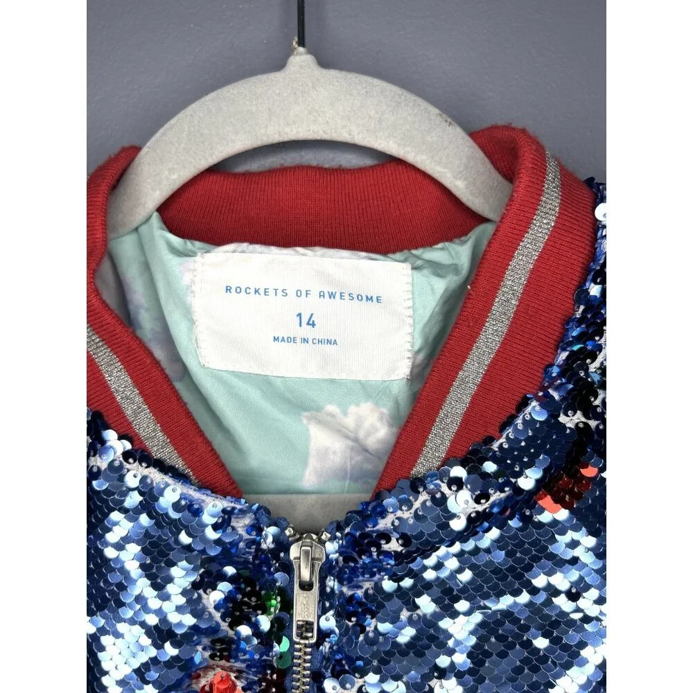 Rockets of Awesome Sequin Bomber Jacket Girls Large (14) Cherry Full Zip Sparkle